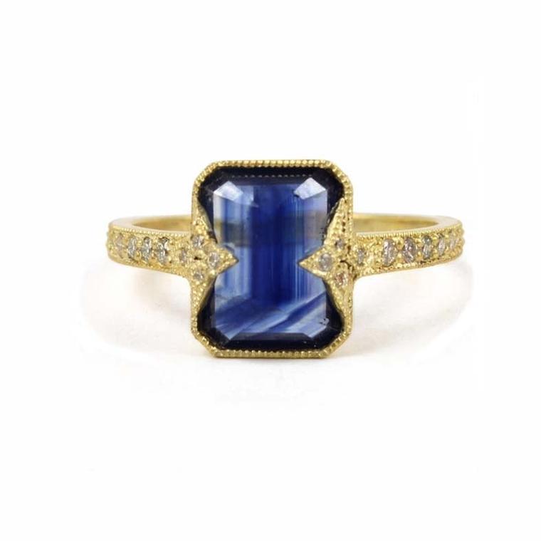 Sapphire engagement ring in yellow gold with diamonds by US-based jewellery designer ila & i, available from Tomfoolery in North London.